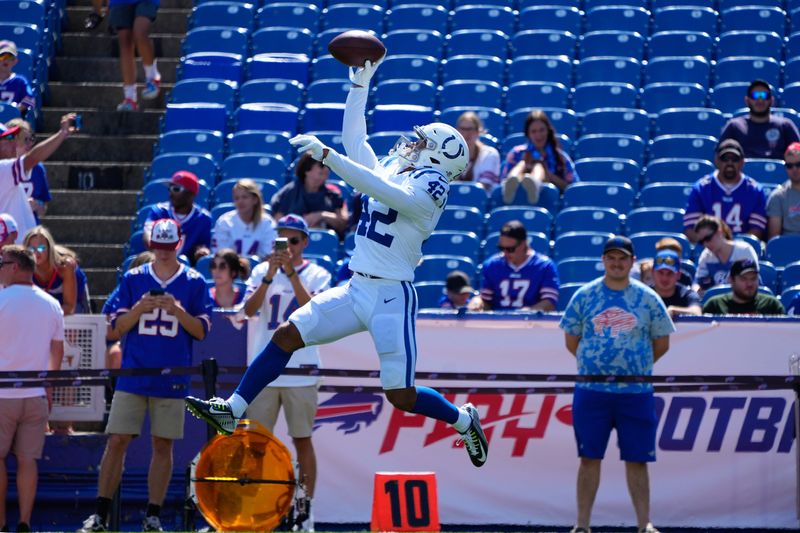 Aug 13, 2022; Orchard Park, New York, USA; Indianapolis Colts cornerback Marcel Dabo (42) warms up prior to the game against the Buffalo Bills at Highmark Stadium. Mandatory Credit: Gregory Fisher-USA TODAY Sports