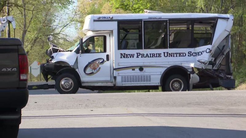 This photo provided by WNDU-TV shows the scene of a four-vehicle crash May 8, 2025, at the intersection of U.S. 20 and Fail Road in Kankakee Township in LaPorte County. Two New Prairie United School Corporation buses carrying coaches and students with New Prairie High School's junior varsity baseball team were hit in the crash, and two coaches and seven athletes were injured. The driver of a commercial box truck, Shawn Wesly Russell Akison, 41, of Romeoville, Illinois, was arrested at the scene in connection with the crash.