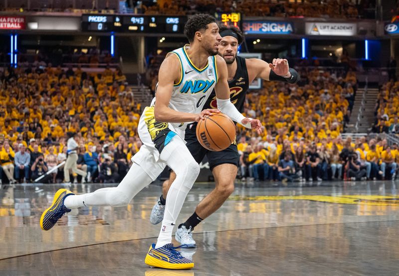 Indiana Pacers guard Tyrese Haliburton (0) drives against the Cleveland Cavaliers on Friday, May 9, 2025, during Game 3 of the NBA Eastern Conference semifinals at Gainbridge Fieldhouse in Indianapolis.