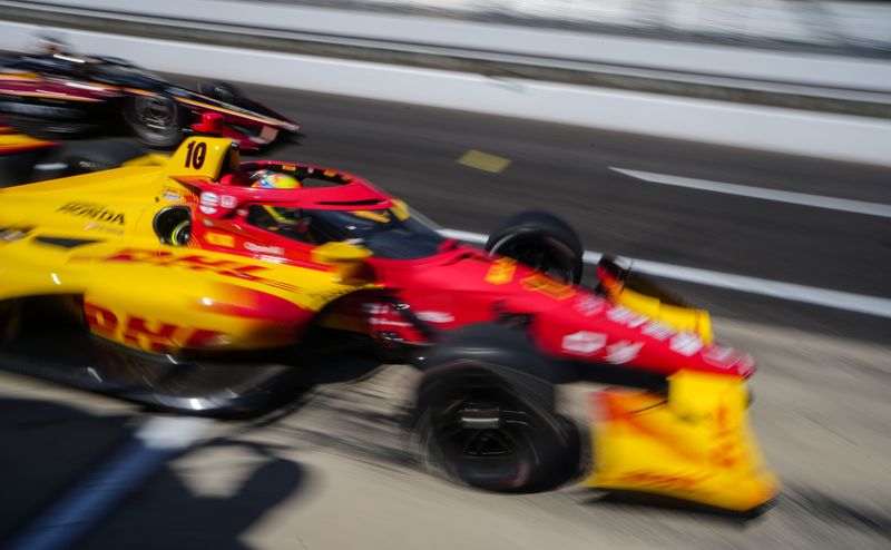 Chip Ganassi Racing driver Álex Palou (10) of Spain leaves to put lane Saturday, May 10, 2025, during the warm-up for the Sonsio Grand Prix at Indianapolis Motor Speedway.