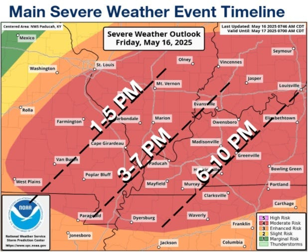 Updated storm arrival time estimates for May 16, 2025.
