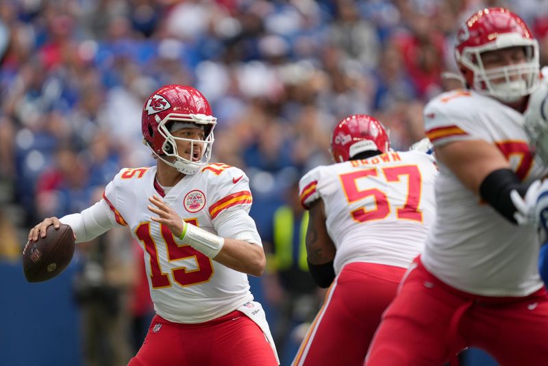 Sep 25, 2022; Indianapolis, Indiana, USA; Kansas City Chiefs quarterback Patrick Mahomes (15) draws back for a pass during a game against the Indianapolis Colts at Lucas Oil Stadium in Indianapolis. Mandatory Credit: Jenna Watson/IndyStar Staff-USA TODAY Sports