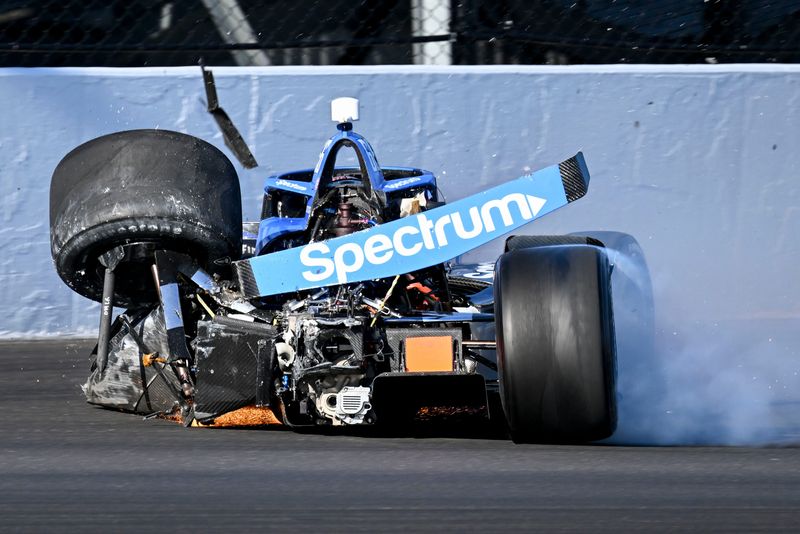 Meyer Shank Racing with Curb-Agajanian driver Marcus Armstrong (66) crashes coming out of the first turn Saturday, May 17, 2025, during practice ahead of qualifying for the 109th running of the Indianapolis 500 at Indianapolis Motor Speedway.