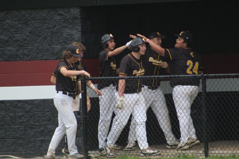 Cowan baseball senior Gentry Groves celebrates with his teammates in the dugout during Cowan's 9-4 victory over Wes-Del in an IHSAA sectional game at Wes-Del High School on Wednesday, May 28, 2025.
