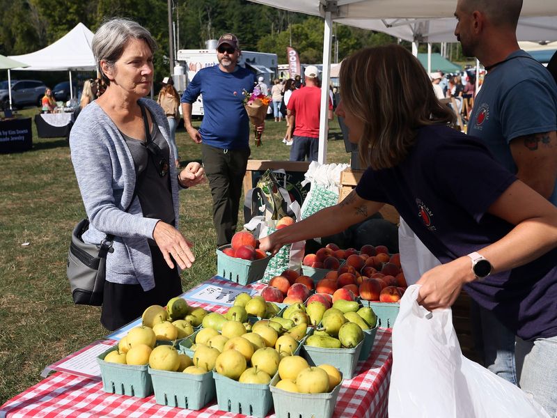Jane Muller, of Johnstown, buys peaches, pears and apples from Ochs Fruit Farm at the Granville Farmers Market on Saturday, Aug. 10, 2024.