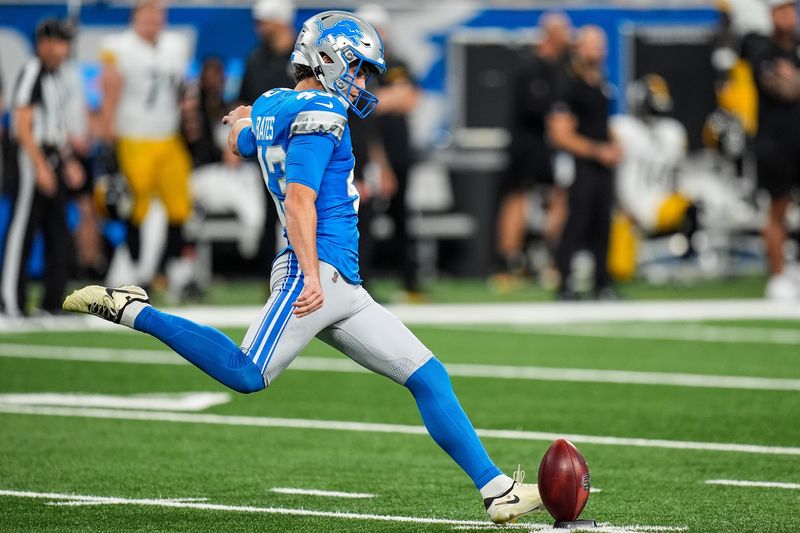 Detroit Lions kicker Jake Bates kicks off against Pittsburgh Steelers during the first half of a preseason game at Ford Field in Detroit on Saturday, August 24, 2024.