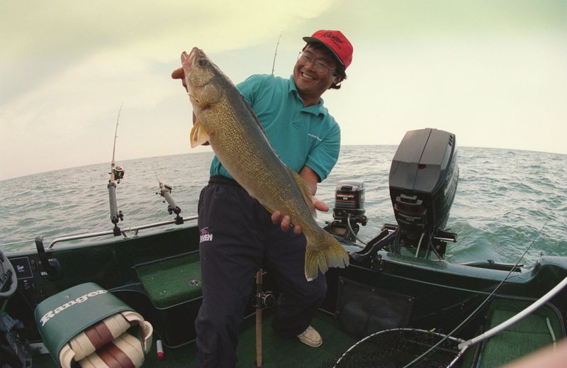 Professional walleye angler Ted Takaski, of Illinois, holds a 7-pound, 28-inch walleye caught whil trolling in mid-Bay during "pre-fishing" for the Professional Walleye Trail tournament on Sept. 5, 1995. He fished Tuesday near the Charity Islands, about 15 miles out into the bay from Au Gres.