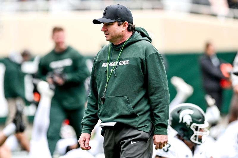 Michigan State head coach Jonathan Smith looks on during the Spring Showcase on Saturday, April 20, 2024, at Spartan Stadium in East Lansing.