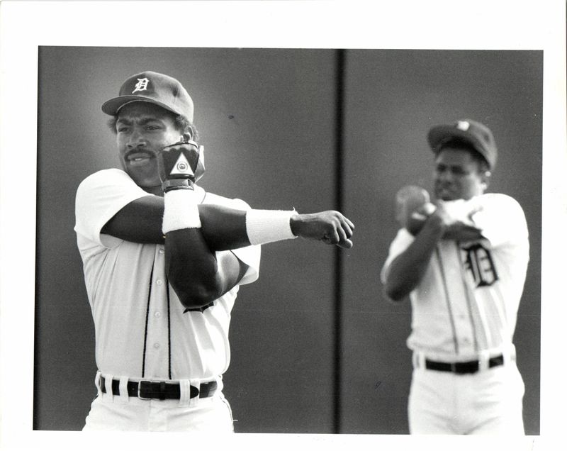 Tiger center fielder Chet Lemon and second baseman Lou Whitaker run through some exercises in Lakeland, Fla. Lemon was the starting center fielder for the 1984 Detroit Tigers team that won the World Series. In that season, Lemon hit .287 with 20 home runs and 76 RBI.