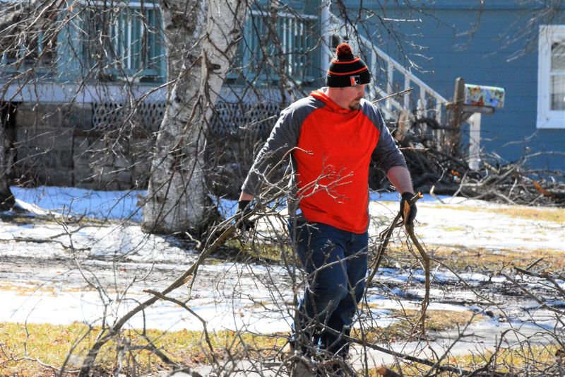 Cheboygan resident Walter Hanson picks up tree debris on the west side of Cheboygan on Friday, April 4, 2025.