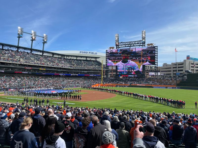 The crowd gathered at Comerica Park before the Detroit Tigers defeated the Chicago White Sox on Opening Day, April 4, 2025.