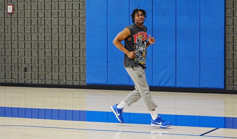Detroit Pistons guard Jaden Ivey does running exercises as practice was winding down at the Pistons Performance Center in Detroit on Thursday, April 17, 2025. Ivey has been making good progress since he suffered a broken fibula in his left leg Jan. 1.