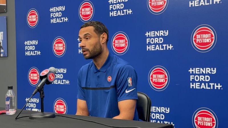 Trajan Langdon, Detroit Pistons president of basketball operations, speaks May 7, 2025 during an end-of-season news conference at the Pistons Performance Center.