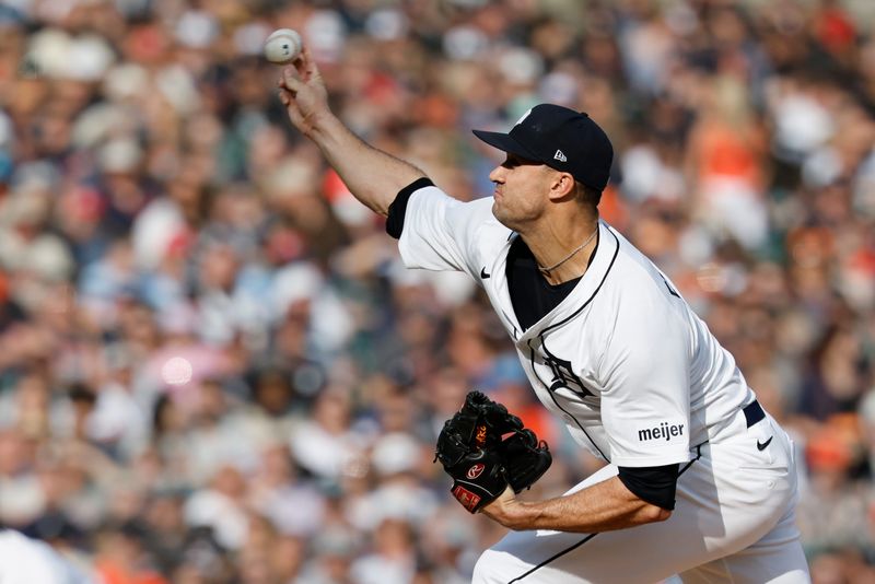 Detroit Tigers starting pitcher Jack Flaherty (9) pitches in the first inning against the Texas Rangers at Comerica Park in Detroit on Saturday, May 10, 2025.