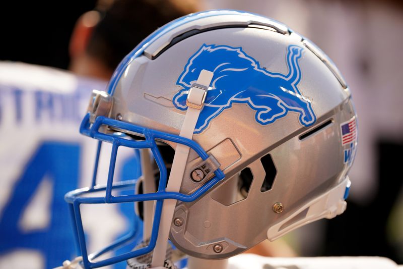A general view of a Detroit Lions helmet during the second half of the game against the Kansas City Chiefs at GEHA Field at Arrowhead Stadium.