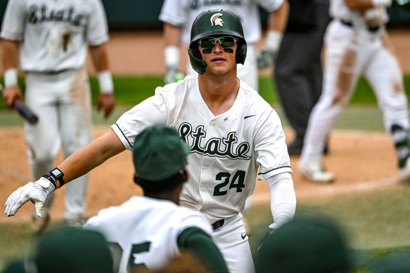 Michigan State's Sam Busch celebrates his home run against Ohio State during the fifth inning on Friday, April 18, 2025, at McLane Stadium in East Lansing.