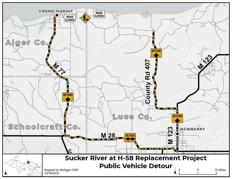 A bridge replacement project at the Sucker River east of Grand Marais will close H-58 for the summer. The posted detour is south from Grand Marais to Seney, then to M-123, and north Newberry and Deer Park.