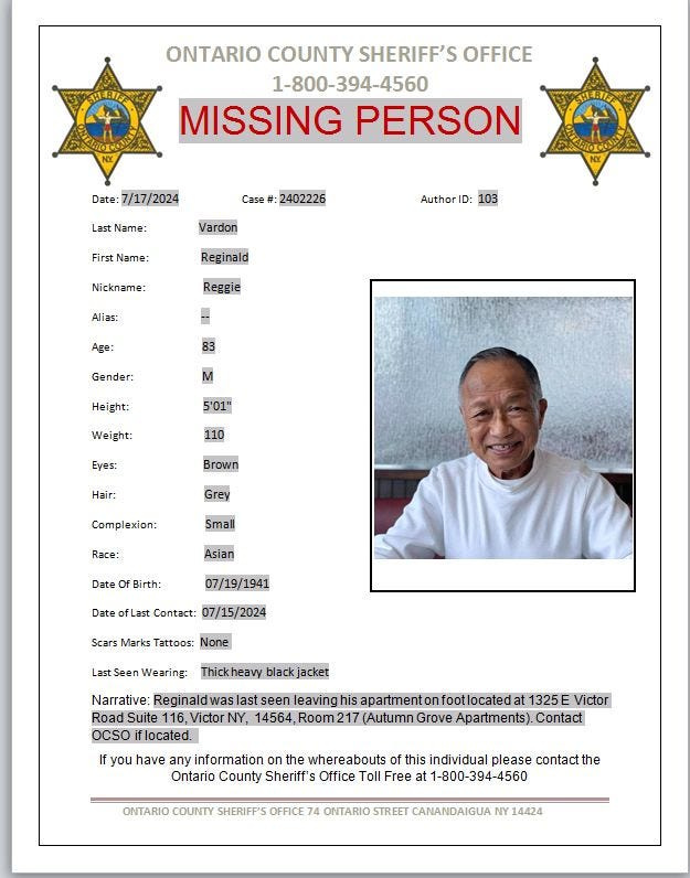 Missing 83-year-old man, Reginald Vardon, last seen on State Route 96 in the Village of Victor, according to police.