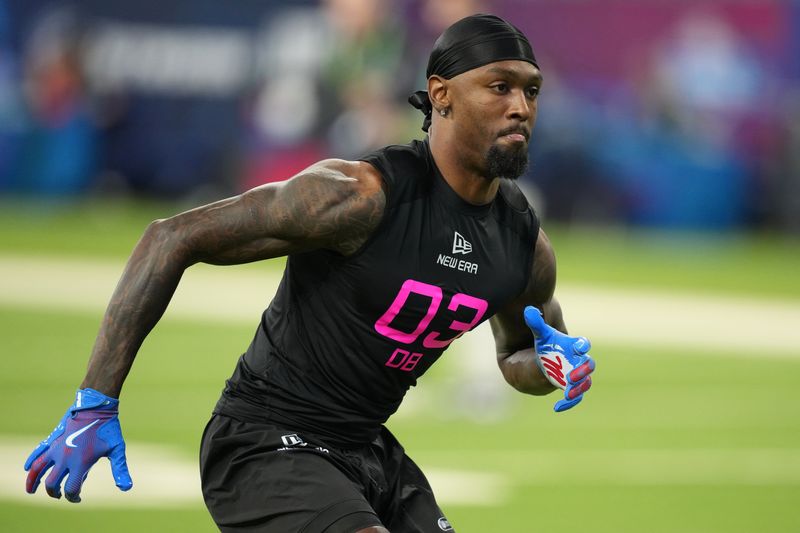Feb 28, 2025; Indianapolis, IN, USA; Mississippi defensive back Trey Amos (DB03) participates in drills during the 2025 NFL Combine at Lucas Oil Stadium. Mandatory Credit: Kirby Lee-Imagn Images