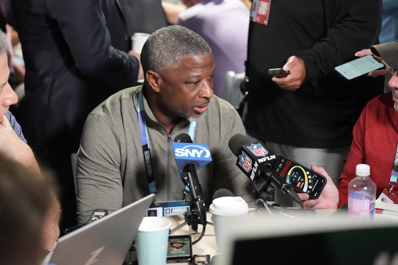 Mar 31, 2025; Palm Beach, FL, USA; New York Jets head coach Aaron Glenn attends the NFL Annual League Meeting at The Breakers. Mandatory Credit: Jim Rassol-Imagn Images