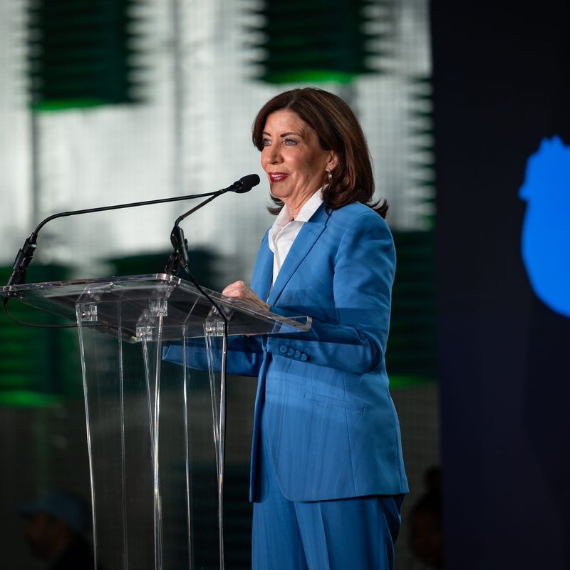 New York State Governor Kathy Hochul addresses the crowd at Griffiss International Airport in Rome, NY on Tuesday, April 22, 2025.