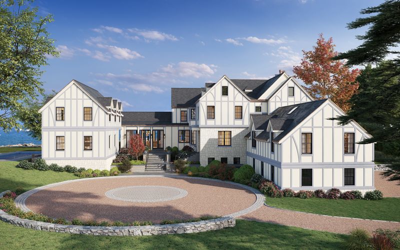 A 3D rendering of a luxurious Mamaroneck house, on the market for $18.99 million. The property is currently undergoing landscaping work that includes a full lawn, shrubbery and more.