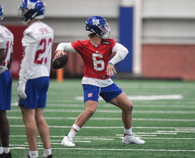 May 9, 2025; East Rutherford, NJ, USA; New York Giants quarterback Jaxson Dart (6) throws a pass during rookie minicamp at Quest Diagnostics Training Center. Mandatory Credit: John Jones-Imagn Images