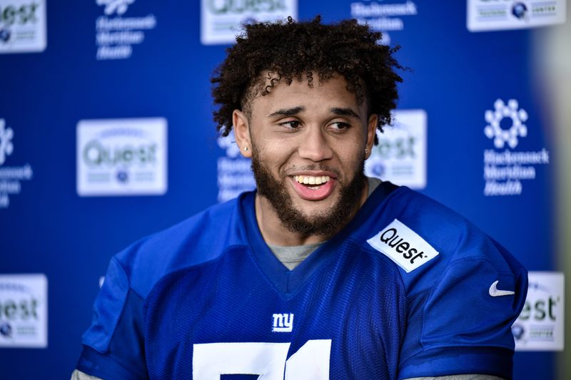 May 10, 2025; East Rutherford, NJ, USA; New York Giants offensive lineman Marcus Mbow (71) speaks during a press conference after rookie minicamp at Quest Diagnostics Training Center. Mandatory Credit: John Jones-Imagn Images