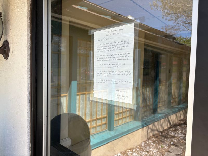 A sign posted on the door of Fuji San, located at 4105 Vestal Parkway E., announcing their closure on May 3, 2025.