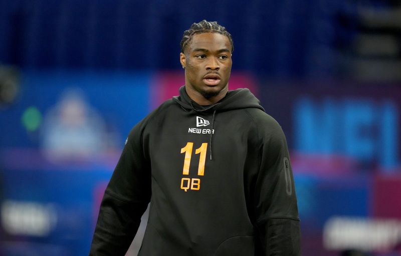 FILE PHOTO: Mar 1, 2025; Indianapolis, IN, USA; Alabama quarterback Jalen Milroe (QB11) during the 2025 NFL Combine at Lucas Oil Stadium. Mandatory Credit: Kirby Lee-Imagn Images/File Photo