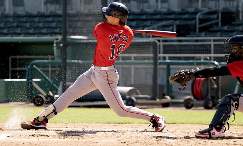 FILE PHOTO: Feb 17, 2025; Lee County, FL, USA;  Boston Red Sox Jarren Duran (16) bats during spring training at Jet Blue Park at Fenway South. Photo Credit: Chris Tilley-Imagn Images/File Photo