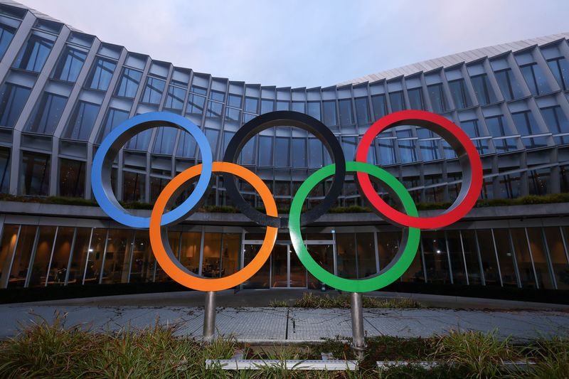 FILE PHOTO: The Olympic rings symbol is displayed at the Olympic House, ahead of the Executive Board meeting of the International Olympic Committee (IOC), in Lausanne, Switzerland, December 3, 2024. REUTERS/Denis Balibouse/File Photo