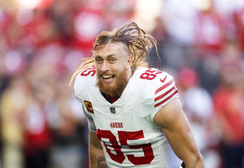 Jan 5, 2025; Glendale, Arizona, USA; San Francisco 49ers tight end George Kittle (85) reacts prior to the game against the Arizona Cardinals at State Farm Stadium. Mandatory Credit: Mark J. Rebilas-Imagn Images/ File Photo