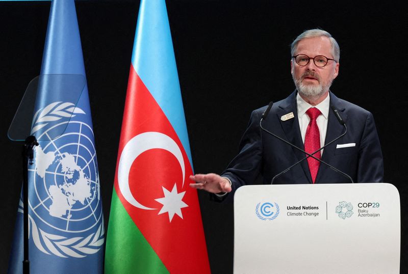 FILE PHOTO: Czech Republic's Prime Minister, Petr Fiala, speaks during the United Nations climate change conference COP29, in Baku, Azerbaijan November 13, 2024. REUTERS/Murad Sezer/File Photo