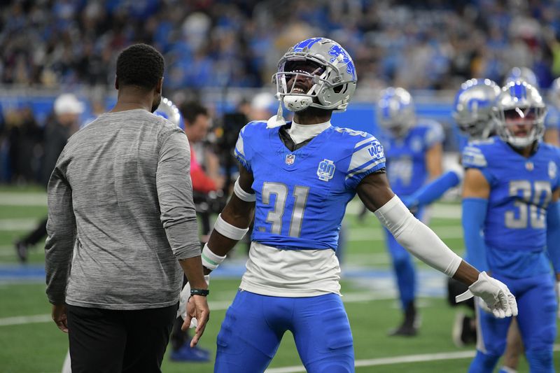 FILE PHOTO: Jan 21, 2024; Detroit, Michigan, USA; Detroit Lions safety Kerby Joseph (31) warms up before a 2024 NFC divisional round game against the Tampa Bay Buccaneers at Ford Field. Mandatory Credit: Lon Horwedel-USA TODAY Sports/File Photo