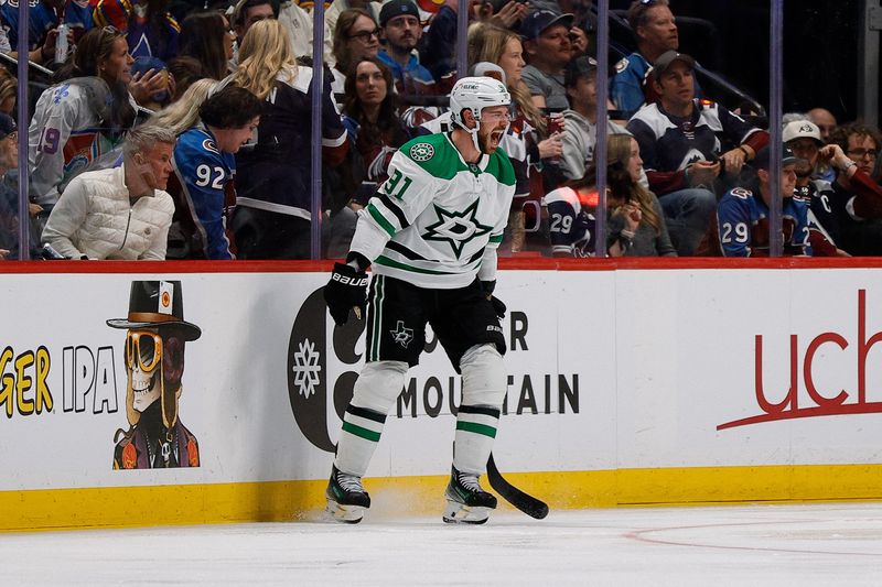 Apr 23, 2025; Denver, Colorado, USA; Dallas Stars center Tyler Seguin (91) reacts after his game winning overtime goal against the Colorado Avalanche in game three of the first round of the 2025 Stanley Cup Playoffs at Ball Arena. Mandatory Credit: Isaiah J. Downing-Imagn Images