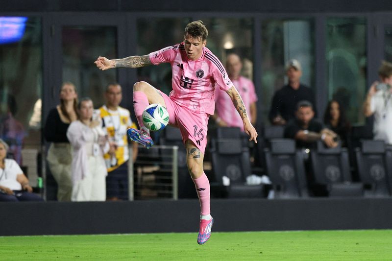 Mar 29, 2025; Fort Lauderdale, Florida, USA; Inter Miami CF midfielder Robert Taylor (16) controls the ball Philadelphia Union FC in the first half  at Chase Stadium. Mandatory Credit: Nathan Ray Seebeck-Imagn Images/ File Photo