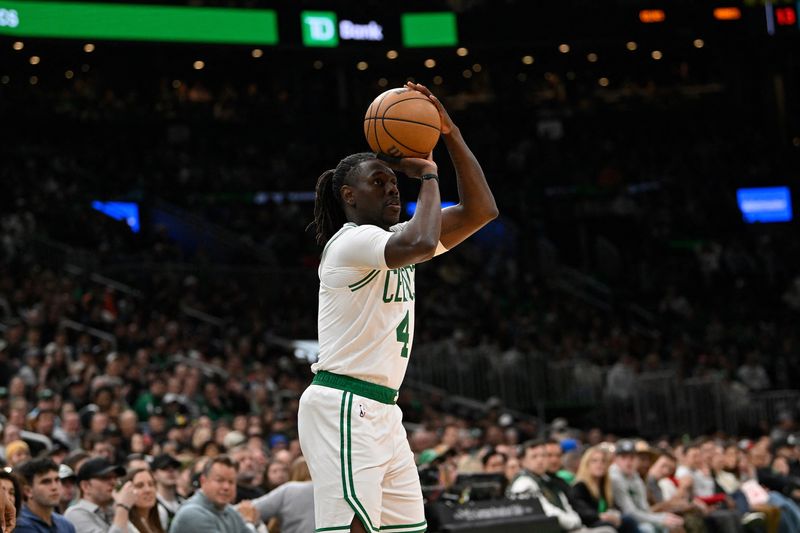 Apr 11, 2025; Boston, Massachusetts, USA; Boston Celtics guard Jrue Holiday (4) shoots the ball against the Charlotte Hornets in the first half  at TD Garden. Mandatory Credit: Eric Canha-Imagn Images/File Photo