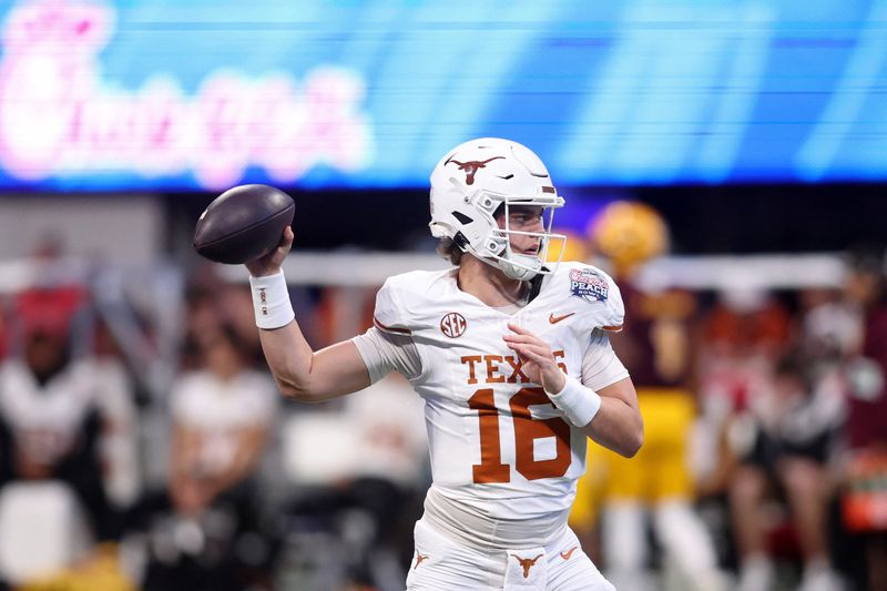 FILE PHOTO: Jan 1, 2025; Atlanta, GA, USA; Texas Longhorns quarterback Arch Manning (16) warms up before the Peach Bowl at Mercedes-Benz Stadium. Mandatory Credit: Brett Davis-Imagn Images/File Photo