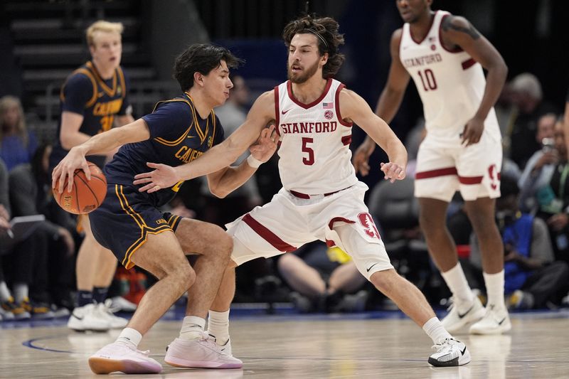 FILE PHOTO: Mar 12, 2025; Charlotte, NC, USA; California Golden Bears guard Andrej Stojakovic (2) handles the ball against Stanford Cardinal guard Benny Gealer (5) during the second half at Spectrum Center. Mandatory Credit: Jim Dedmon-Imagn Images/File Photo