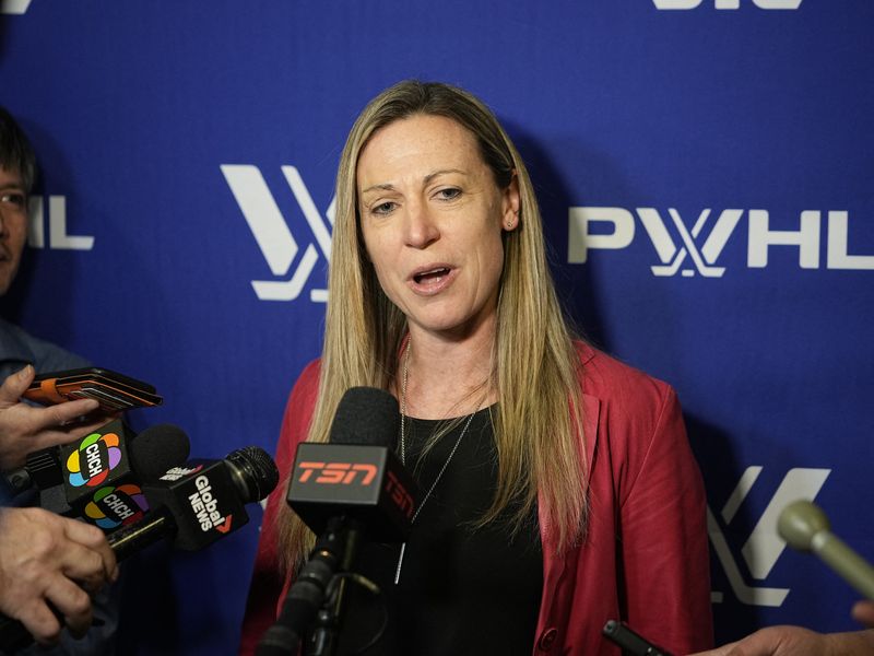 FILE PHOTO: Jan 1, 2024; Toronto, Ontario, CANADA; Jayna Hefford, Senior Vice President of PWHL Hockey Operations, speaks to the media before the inaugural PWHL ice hockey game between New York and Toronto at Mattamy Athletic Centre. John E. Sokolowski-USA TODAY Sports/ File Photo