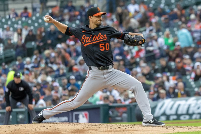 FILE PHOTO: Apr 26, 2025; Detroit, Michigan, USA; Baltimore Orioles pitcher Charlie Morton (50) delivers in the second inning against the Detroit Tigers during game two of a double header at Comerica Park. Mandatory Credit: David Reginek-Imagn Images/File Photo
