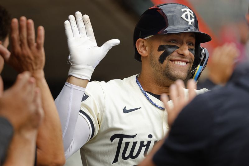 FILE PHOTO: Jun 12, 2024; Minneapolis, Minnesota, USA; Minnesota Twins designated hitter Royce Lewis (23) celebrates his two-run home run against the Colorado Rockies in the sixth inning at Target Field. Bruce Kluckhohn-USA TODAY Sports/ File Photo