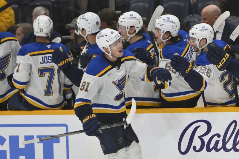 FILE PHOTO: Mar 27, 2025; Nashville, Tennessee, USA;  St. Louis Blues center Dylan Holloway (81) against the Nashville Predators during the third period at Bridgestone Arena. Mandatory Credit: Steve Roberts-Imagn Images/File Photo