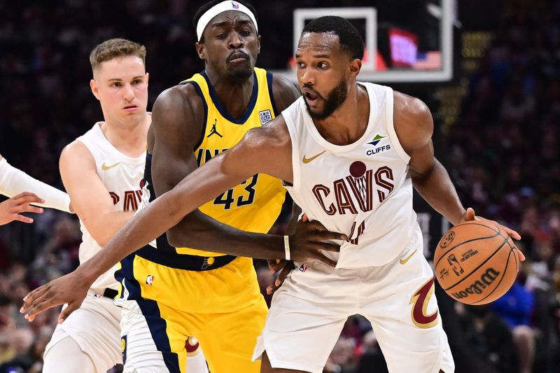 FILE PHOTO: May 4, 2025; Cleveland, Ohio, USA; Indiana Pacers forward Pascal Siakam (43) defends Cleveland Cavaliers forward Evan Mobley (4) during the second half in game one of the second round for the 2025 NBA Playoffs at Rocket Arena. Mandatory Credit: Ken Blaze-Imagn Images/File Photo