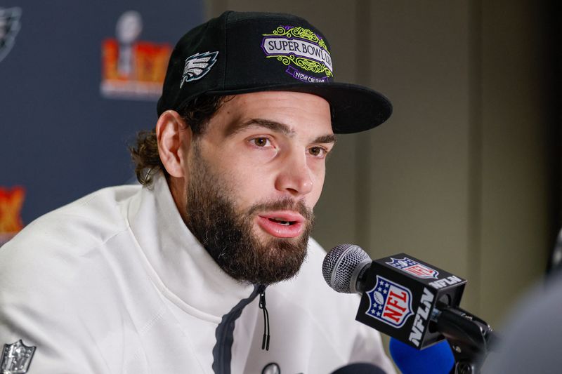 FILE PHOTO: Feb 6, 2025; New Orleans, LA, USA;  Philadelphia Eagles tight end Dallas Goedert (88) during a press conference in advance of Super Bowl LIX at New Orleans Marriott. Stephen Lew-Imagn Images/ File Photo