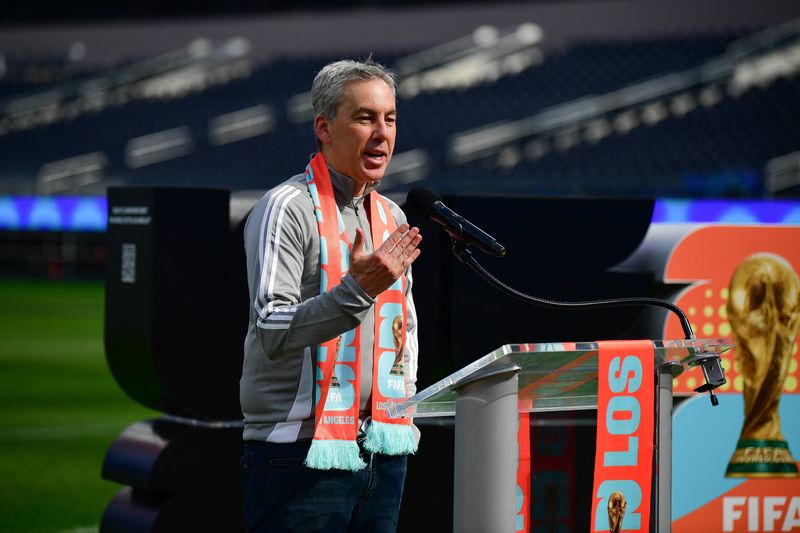 FILE PHOTO: Mar 13, 2025; Inglewood, California, USA; Los Angeles Rams president Kevin Demoff speaks during the unveiling of the new test soccer pitch in anticipation of Nations League play and 2026 World Cup at SoFi Stadium. Mandatory Credit: Gary A. Vasquez-Imagn Images/File Photo