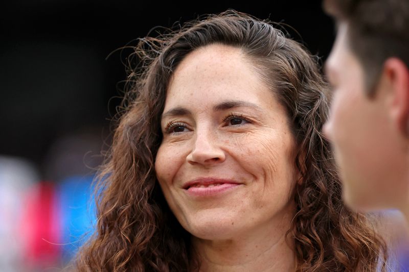 FILE PHOTO: Sep 24, 2023; Chicago, Illinois, USA; Sue Bird, fiance of United States forward Megan Rapinoe (not pictured) looks on before the game between the United States and South Africa at Soldier Field. Jon Durr-USA TODAY Sports/ File Photo