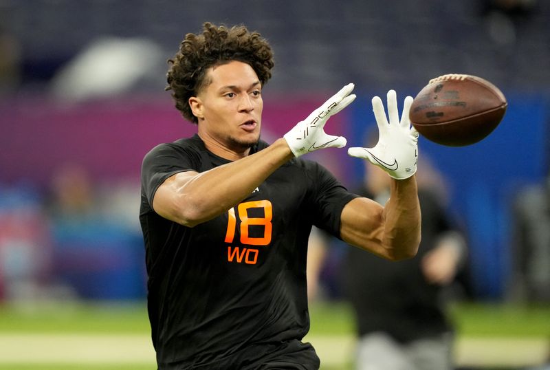 FILE PHOTO: Mar 1, 2025; Indianapolis, IN, USA; Iowa State wideout Jayden Higgins (WO18) during the 2025 NFL Combine at Lucas Oil Stadium. Mandatory Credit: Kirby Lee-Imagn Images/File Photo