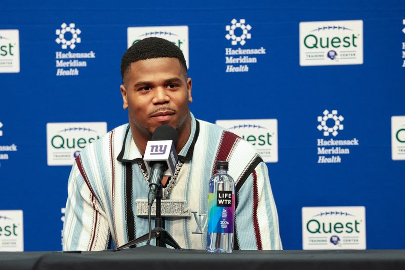 FILE PHOTO: Apr 25, 2025; East Rutherford, NJ, US;  New York Giants first round draft pick, Abdul Carter, takes questions from the media during his introduction press conference. New York Giants Mandatory Credit: Thomas Salus-Imagn Images/File Photo